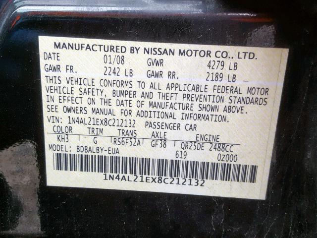 1N4AL21EX8C212132 - 2008 NISSAN ALTIMA 2.5 BLACK photo 10