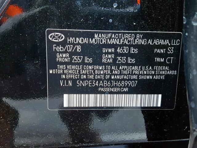 5NPE34AB6JH689907 - 2018 HYUNDAI SONATA SPO BLACK photo 10