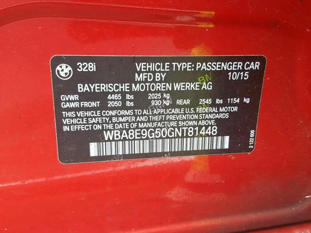 WBA8E9G50GNT81448 - 2016 BMW 328 I SULE RED photo 10