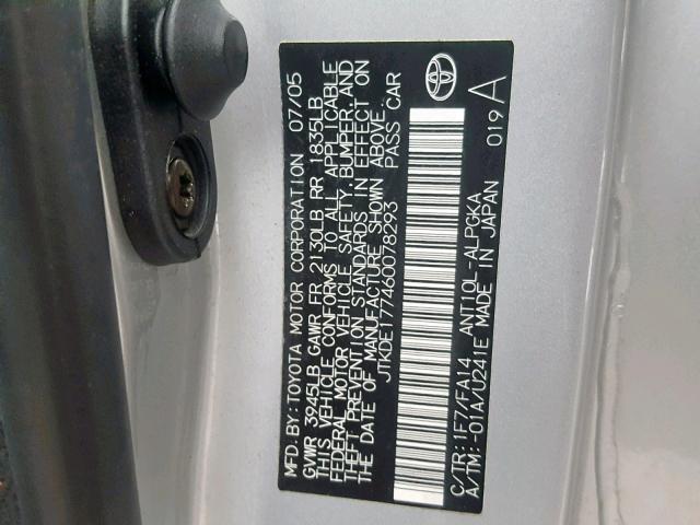 JTKDE177460078293 - 2006 TOYOTA SCION TC ვერცხლისფერი ფოტო 10