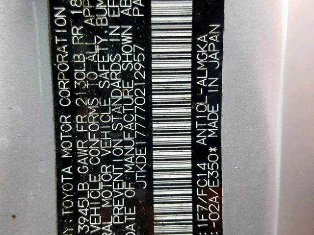 JTKDE177770212957 - 2007 TOYOTA SCION TC SILVER photo 10