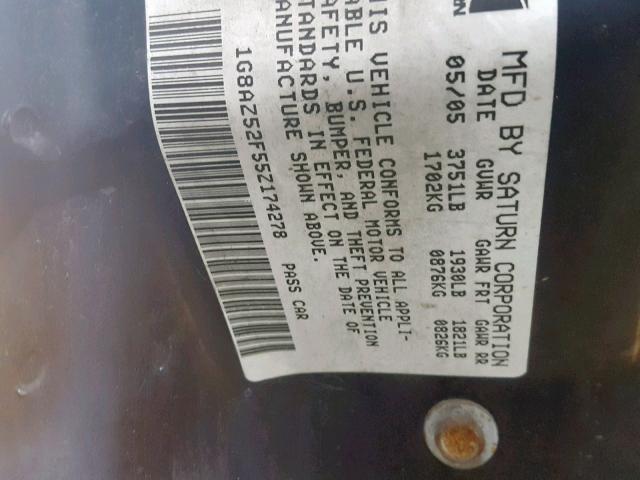 1G8AZ52F55Z174278 - 2005 SATURN ION LEVEL BLACK photo 10