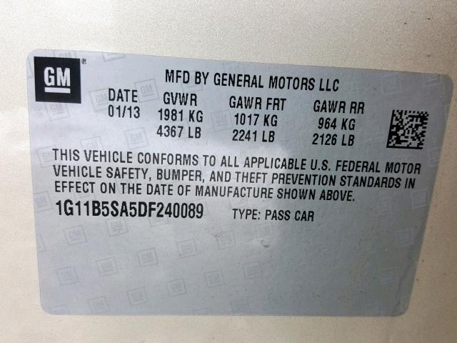 1G11B5SA5DF240089 - 2013 CHEVROLET MALIBU LS BEIGE photo 10