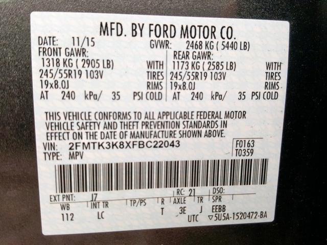 2FMTK3K8XFBC22043 - 2015 FORD EDGE TITAN GRAY photo 10