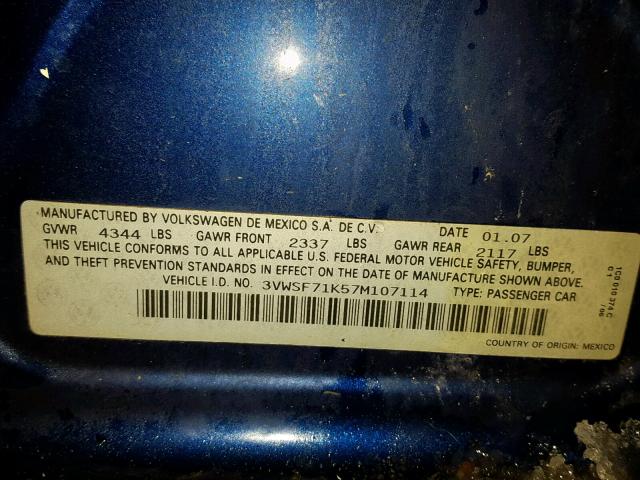 3VWSF71K57M107114 - 2007 VOLKSWAGEN JETTA 2.5 BLUE photo 10