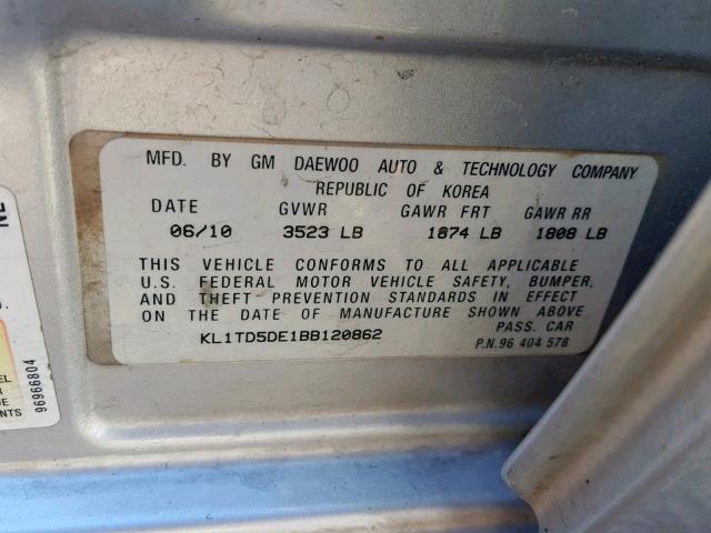 KL1TD5DE1BB120862 - 2011 CHEVROLET AVEO LS GRAY photo 10