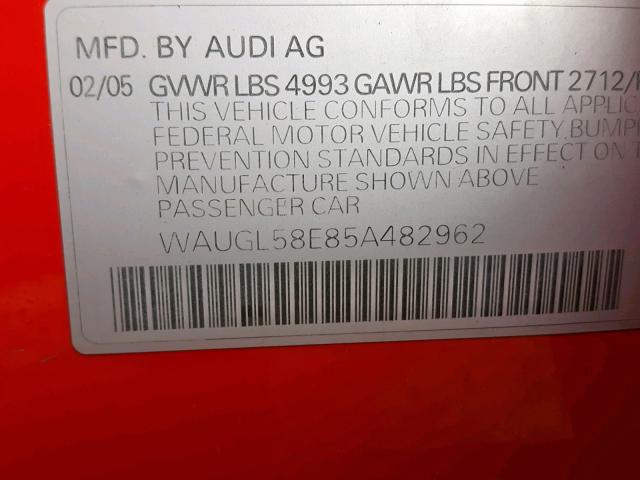 WAUGL58E85A482962 - 2005 AUDI NEW S4 QUA RED photo 10