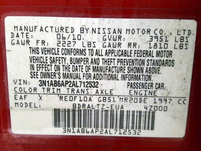 3N1AB6AP2AL712532 - 2010 NISSAN SENTRA 2.0 MAROON photo 10