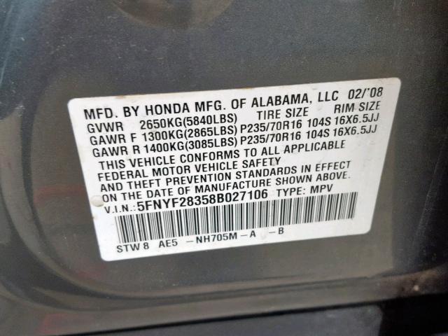 5FNYF28358B027106 - 2008 HONDA PILOT SE GRAY photo 10