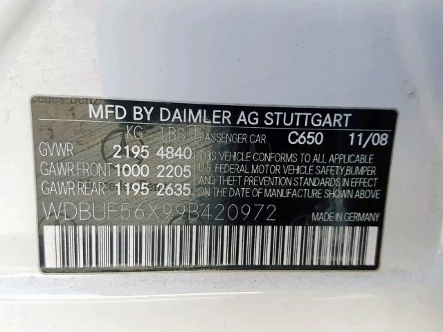 WDBUF56X99B420972 - 2009 MERCEDES-BENZ E 350 WHITE photo 10