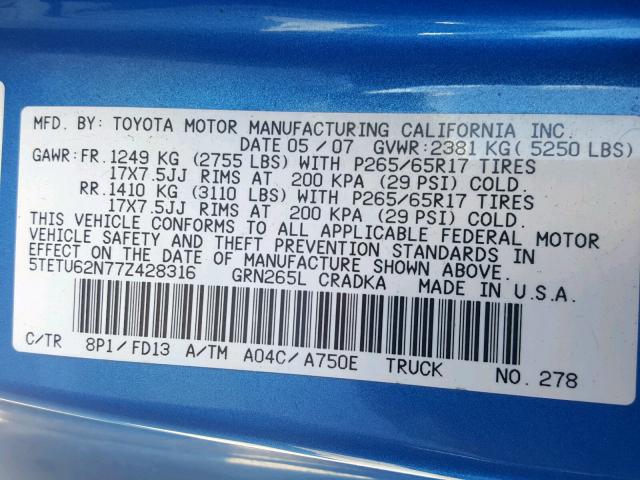 5TETU62N77Z428316 - 2007 TOYOTA TACOMA PRE BLUE photo 10