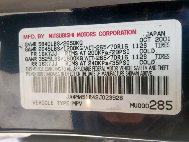 JA4MW51R42J023928 - 2002 MITSUBISHI MONTERO LI BLUE photo 10