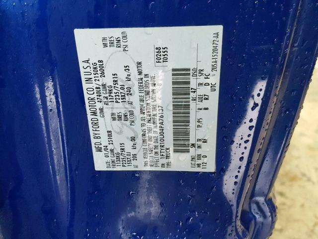 1FTYR10U04PA76137 - 2004 FORD RANGER BLUE photo 10