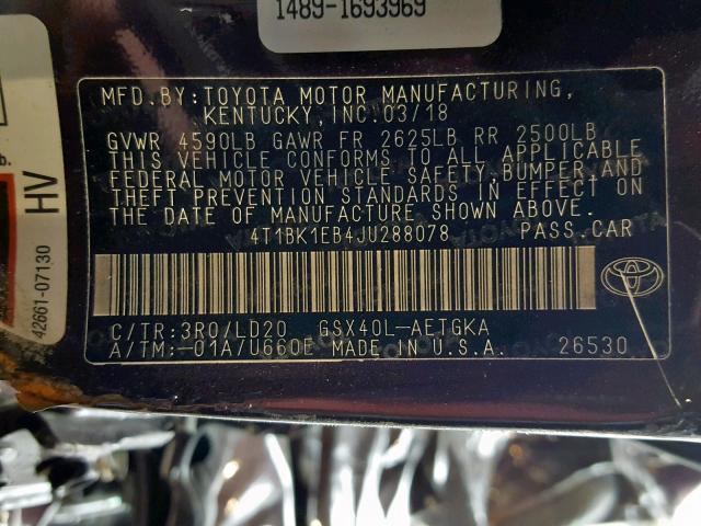 4T1BK1EB4JU288078 - 2018 TOYOTA AVALON XLE BLACK photo 10