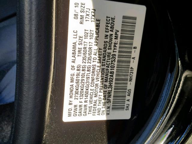 5FNRL3H92AB107539 - 2010 HONDA ODYSSEY TO BLACK photo 10