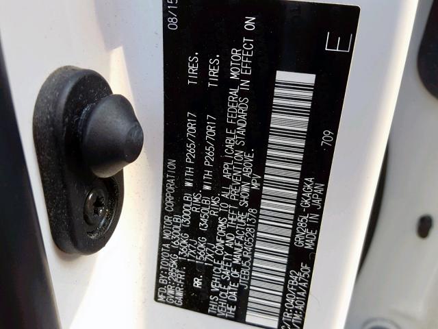 JTEBU5JR4G5281378 - 2016 TOYOTA 4RUNNER SR WHITE photo 10