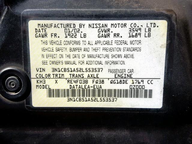 3N1CB51A52L553537 - 2002 NISSAN SENTRA GXE BLACK photo 10