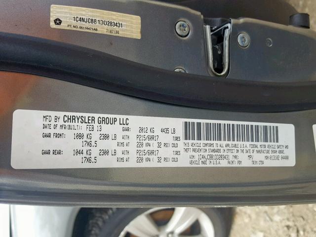 1C4NJCBB1DD283431 - 2013 JEEP COMPASS SP ნაცრისფერი ფოტო 10