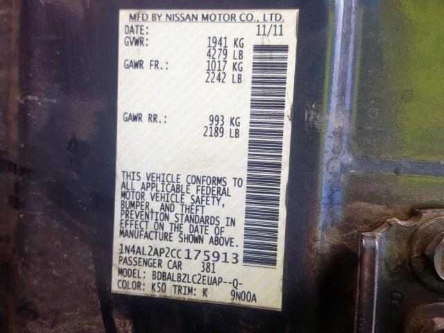 1N4AL2AP2CC175913 - 2012 NISSAN ALTIMA BASE  photo 10