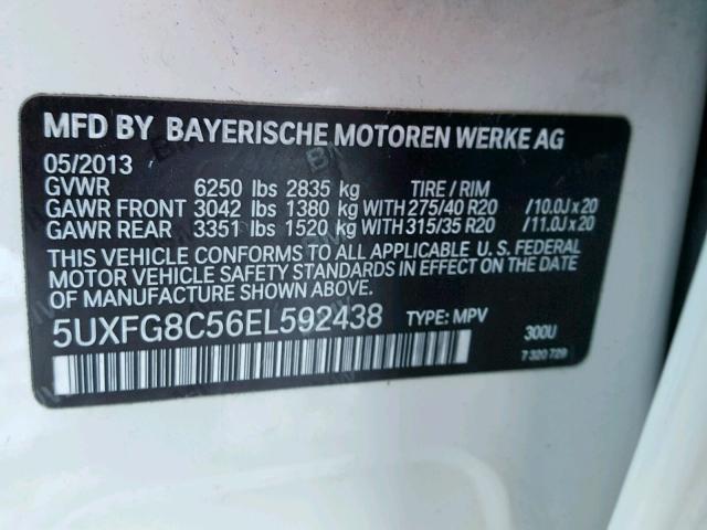 5UXFG8C56EL592438 - 2014 BMW X6 XDRIVE5 WHITE photo 10