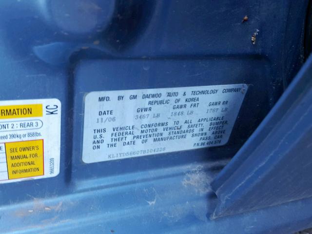 KL1TD56607B104228 - 2007 CHEVROLET AVEO BASE ლურჯი ფოტო 10