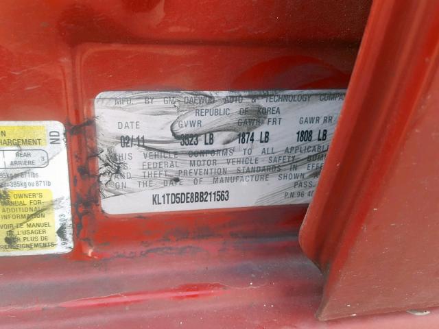 KL1TD5DE8BB211563 - 2011 CHEVROLET AVEO LS RED photo 10