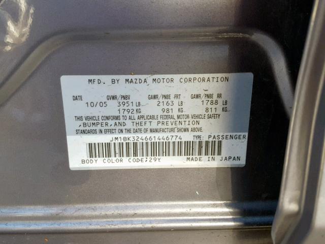 JM1BK324661446774 - 2006 MAZDA 3 S GRAY photo 10