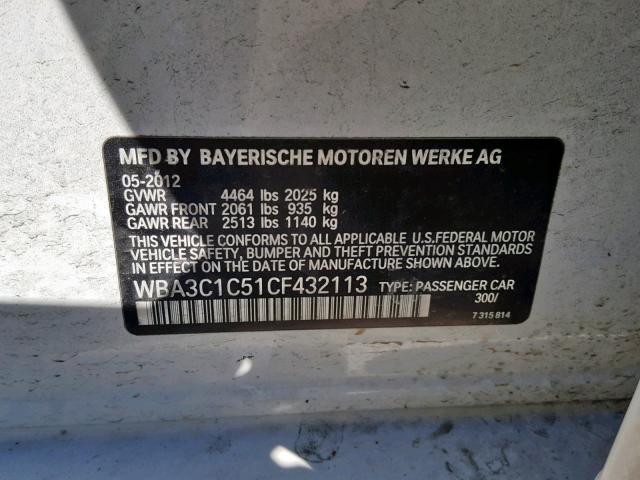 WBA3C1C51CF432113 - 2012 BMW 328 I SULE WHITE photo 10