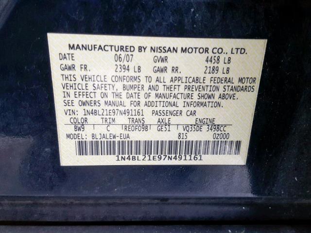 1N4BL21E97N491161 - 2007 NISSAN ALTIMA 3.5 BLUE photo 10