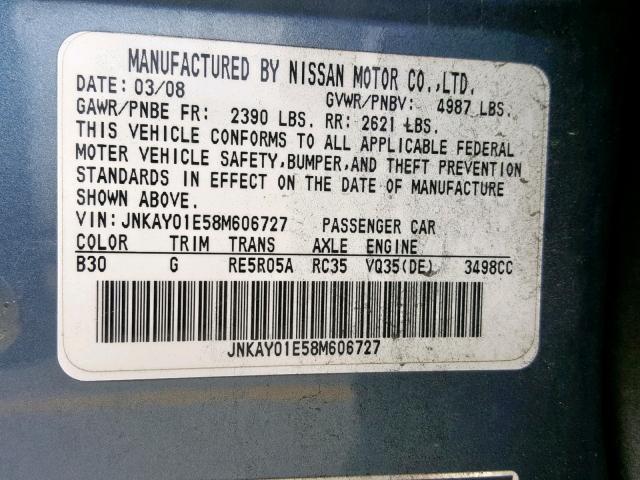 JNKAY01E58M606727 - 2008 INFINITI M35 BASE BLUE photo 10