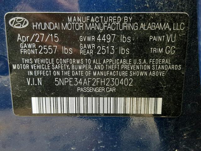 5NPE34AF2FH230402 - 2015 HYUNDAI SONATA SPO BLUE photo 10