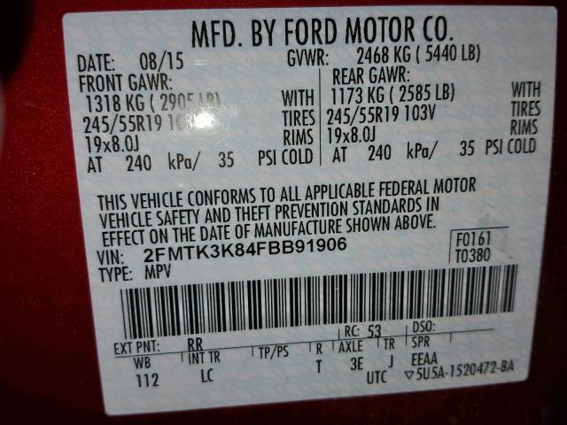 2FMTK3K84FBB91906 - 2015 FORD EDGE TITAN RED photo 10