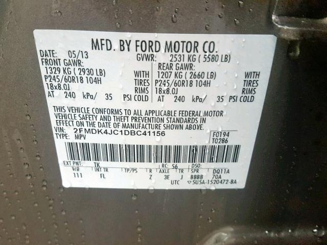 2FMDK4JC1DBC41156 - 2013 FORD EDGE SEL GRAY photo 10