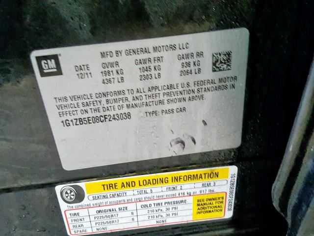 1G1ZB5E08CF243038 - 2012 CHEVROLET MALIBU LS BLACK photo 10