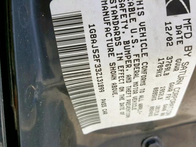 1G8AJ52F33Z131899 - 2003 SATURN ION LEVEL BLACK photo 10