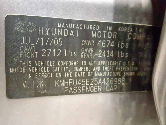 KMHFU45E25A426988 - 2005 HYUNDAI XG 350 GRAY photo 10