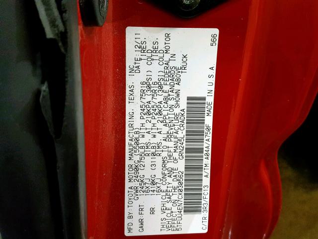 5TFUU4EN7CX030562 - 2012 TOYOTA TACOMA RED photo 10