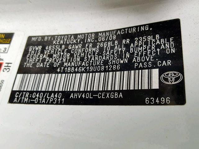 4T1BB46K19U081286 - 2009 TOYOTA CAMRY HYBR WHITE photo 10