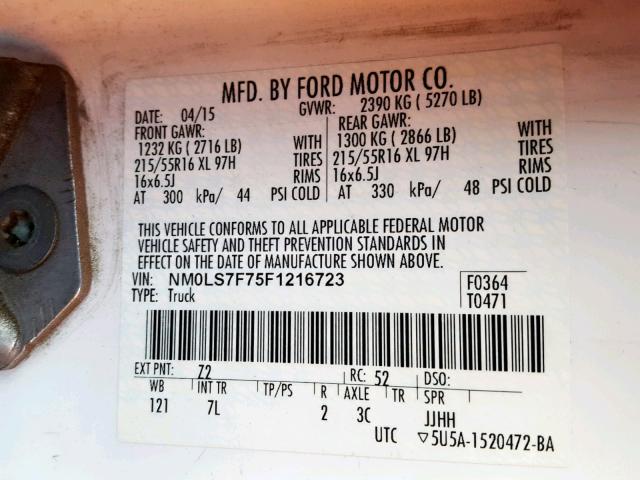 NM0LS7F75F1216723 - 2015 FORD TRANSIT CO WHITE photo 10