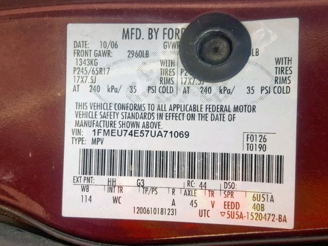 1FMEU74E57UA71069 - 2007 FORD EXPLORER E BURGUNDY photo 10