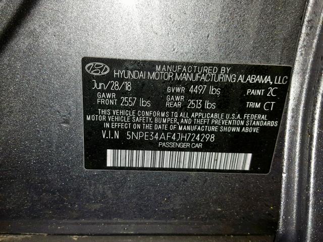 5NPE34AF4JH724298 - 2018 HYUNDAI SONATA SPO GRAY photo 10