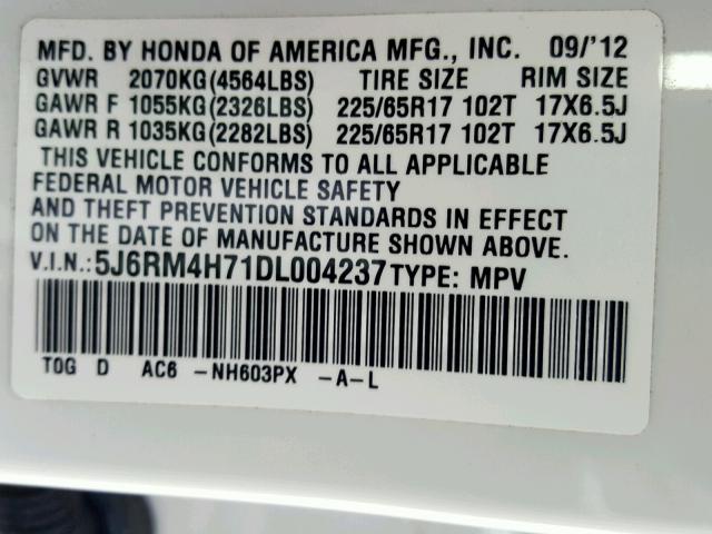 5J6RM4H71DL004237 - 2013 HONDA CR-V EXL WHITE photo 10