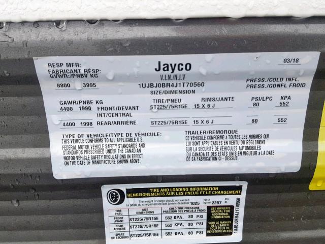 1UJBJ0BR4J1T70560 - 2018 JAYCO JAYFLIGHT  BEIGE photo 10