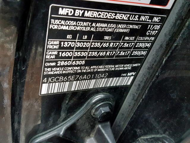 4JGCB65E76A011042 - 2006 MERCEDES-BENZ R 350 BLACK photo 10