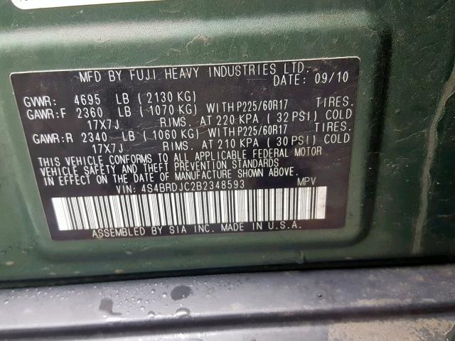 4S4BRDJC2B2348593 - 2011 SUBARU OUTBACK 3. GREEN photo 10