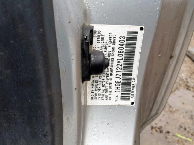 1HGEJ7122YL060403 - 2000 HONDA CIVIC HX GRAY photo 10