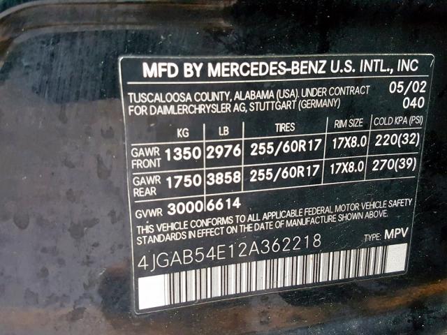 4JGAB54E12A362218 - 2002 MERCEDES-BENZ ML 320 BLACK photo 10