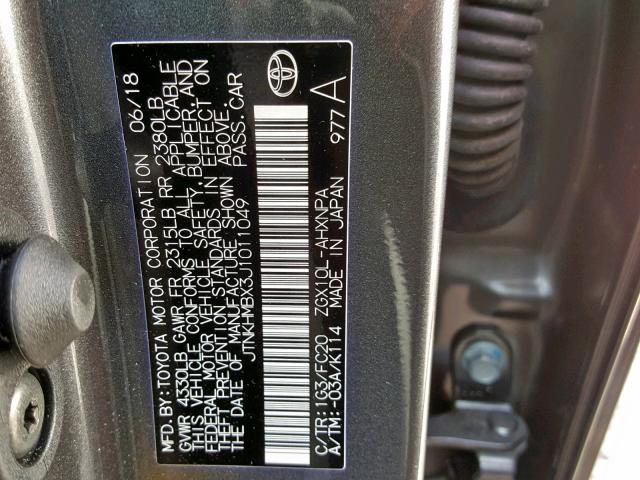 JTNKHMBX3J1011049 - 2018 TOYOTA C-HR XLE GRAY photo 10