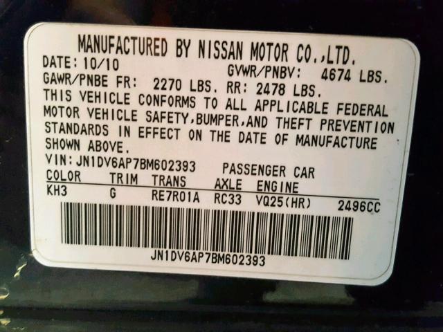 JN1DV6AP7BM602393 - 2011 INFINITI G25 BASE BLACK photo 10