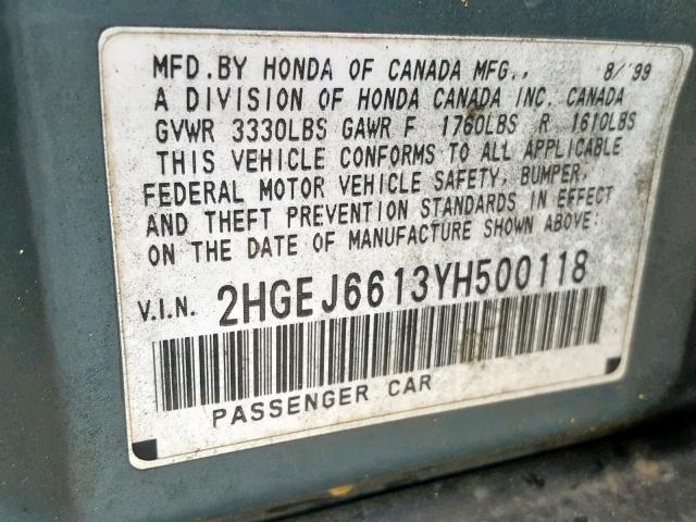 2HGEJ6613YH500118 - 2000 HONDA CIVIC BASE TURQUOISE photo 10